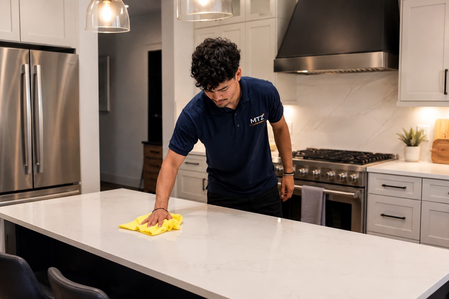Cleaner in an MTZ polo wiping down a kitchen counter